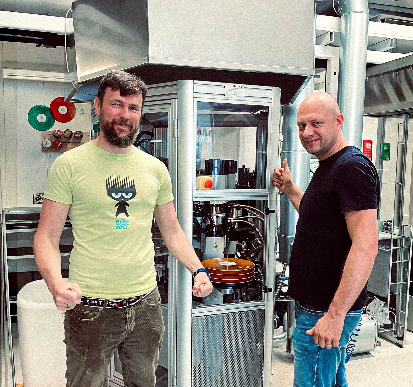 Toomas and Urmas at the Toss Records pressing machine